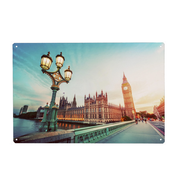 Metall Poster "Big Ben, London the UK at sunset. Retro street lamp light on Westminster Bridge. Vintage" artboxONE - Städte,Städte / London,Reise