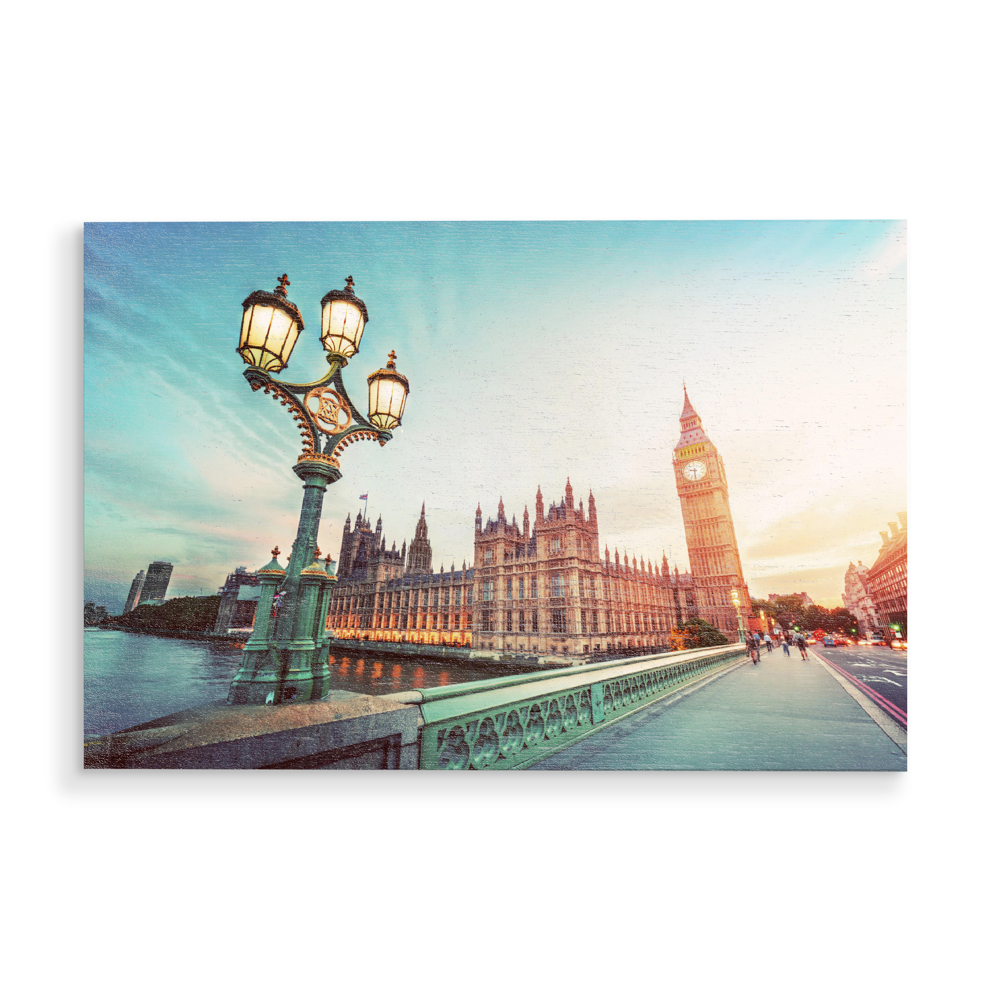 Holzbild "Big Ben, London the UK at sunset. Retro street lamp light on Westminster Bridge. Vintage" artboxONE - Städte,Städte / London,Reise