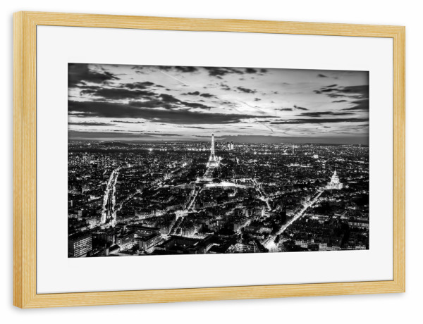 Poster mit Rahmen kiefer "Paris, France romantic skyline, panorama. Eiffel Tower, black and white" artboxONE - Städte,Reise,Schwarzweiß,Städte / Paris