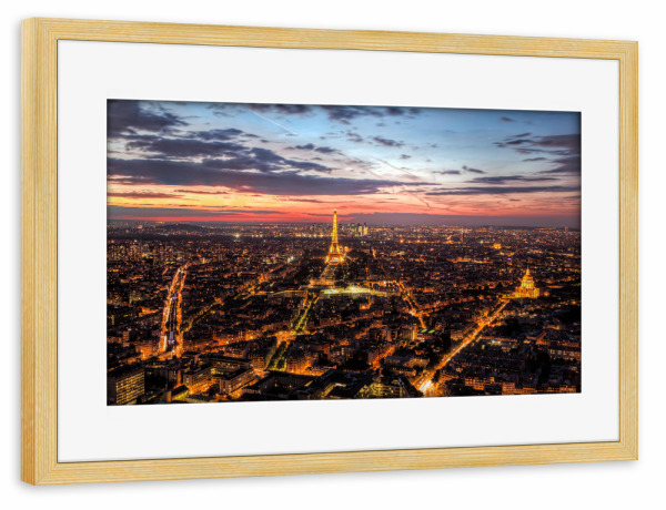 Poster mit Rahmen kiefer "Paris, France skyline, panorama at sunset, young night. Eiffel Tower" artboxONE - Städte,Reise,Städte / Paris