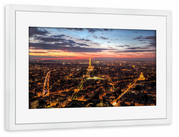 Poster mit Rahmen weiß "Paris, France skyline, panorama at sunset, young night. Eiffel Tower" artboxONE - Städte,Reise,Städte / Paris