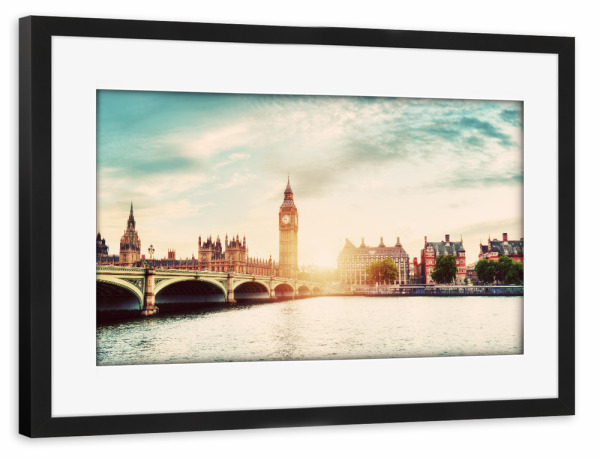 Poster mit Rahmen schwarz "Big Ben, Westminster Bridge on River Thames in London, the UK. Vintage" artboxONE - Städte,Städte / London,Reise
