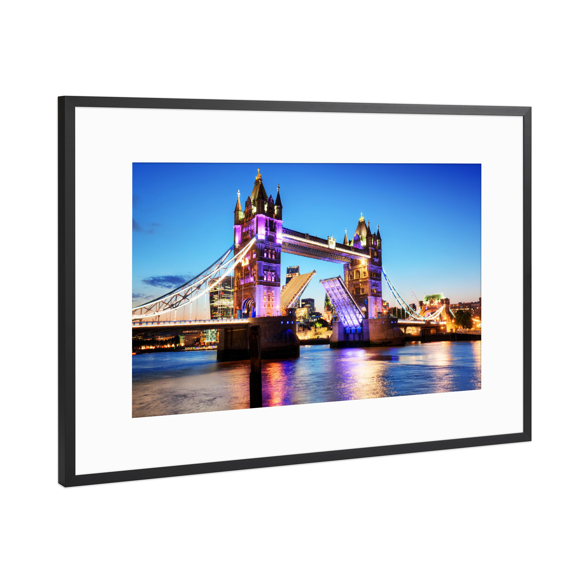 Poster mit Rahmen Schwarz (Metallic) "Tower Bridge in London, the UK. Night lights at late sunset" artboxONE - Städte,Städte / London,Reise