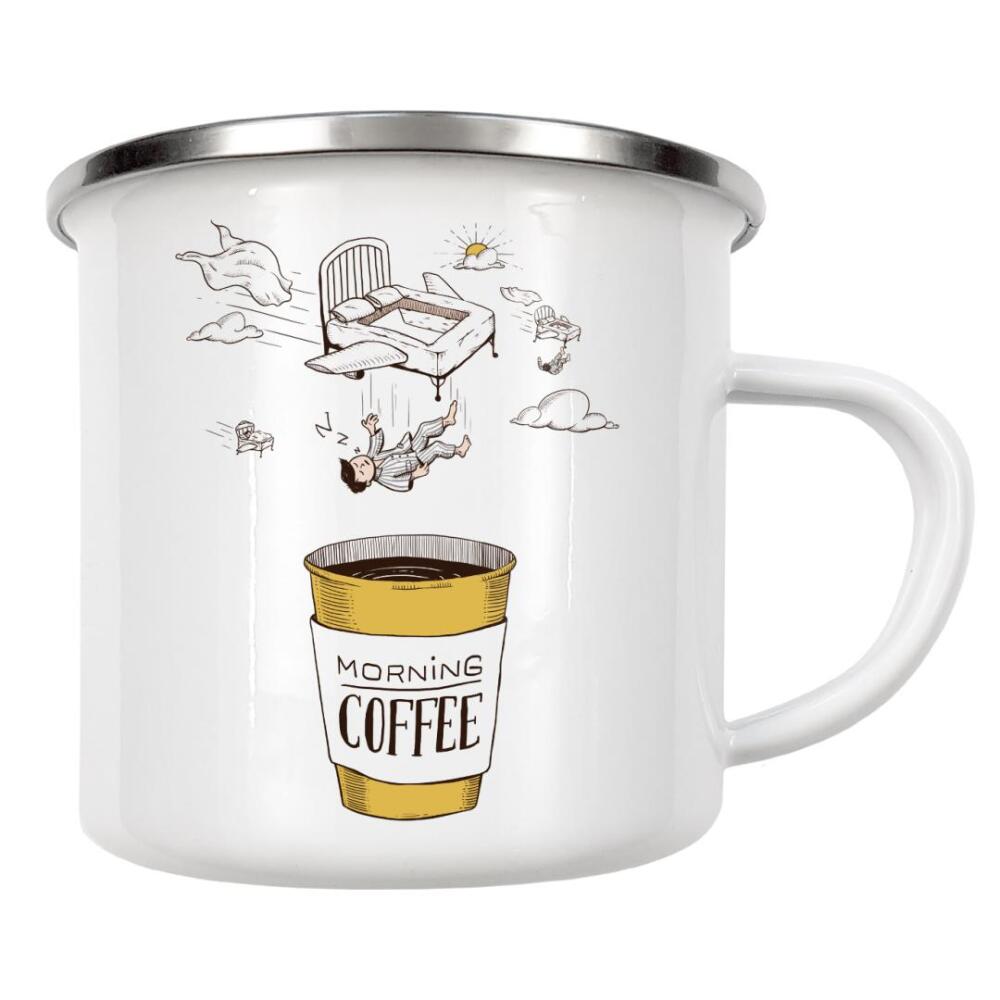 Emaille Tasse "In einen Morgenkaffee fallen" artboxONE - Essen & Trinken,Comic