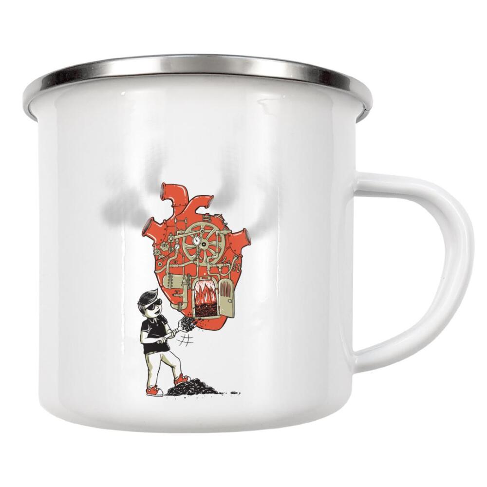 Emaille Tasse "Brennende Herzen" artboxONE - Comic,Liebe - Liebe,Valentinstag,Herz,Brennen,Lustig,Comic,Kohle,Rauchen,Dampf,Maschine