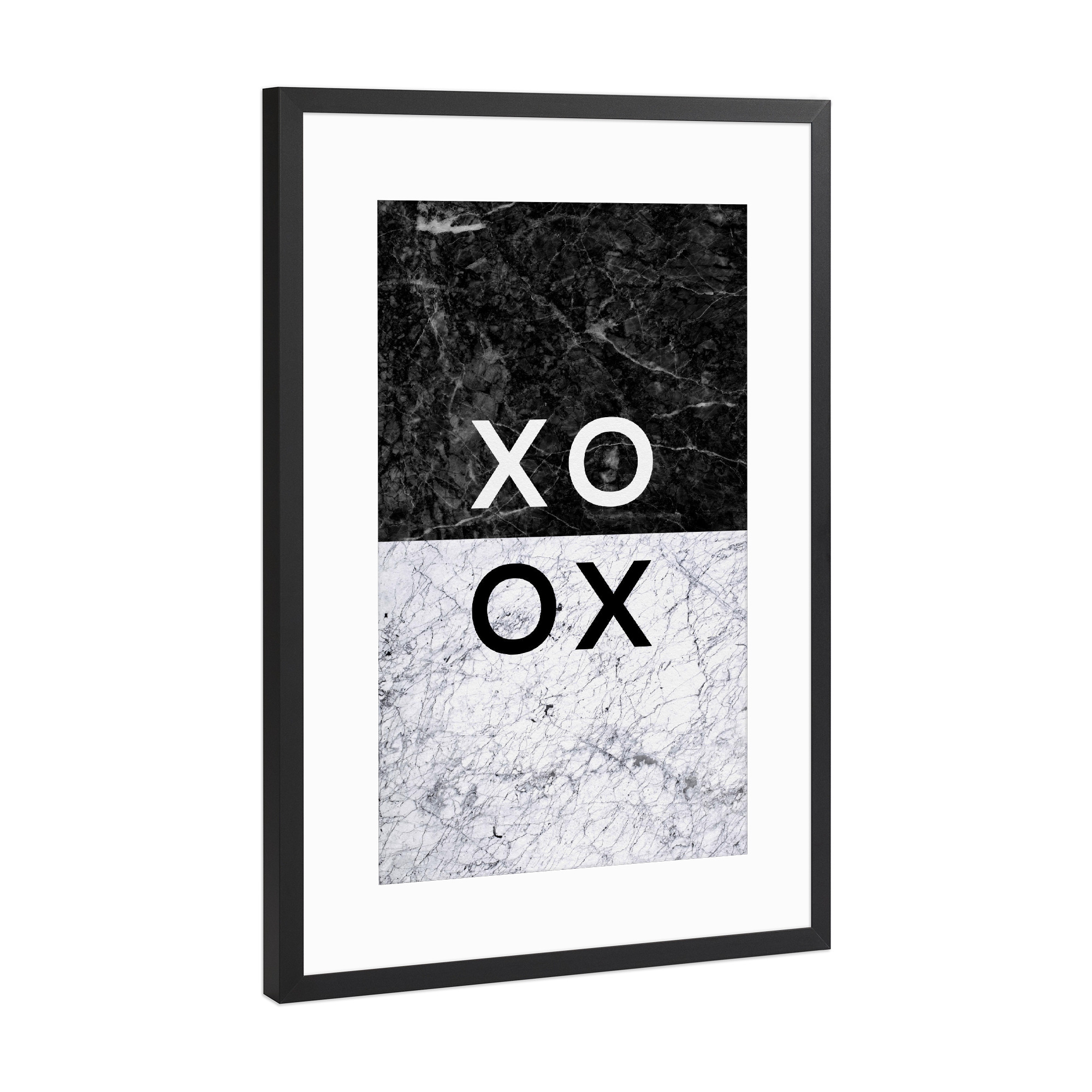 Poster mit Rahmen Schwarz (Metallic) "XOXO Black & White" artboxONE - Typografie,Abstrakt,Schwarzweiß,Geometrie,Liebe,Marmor