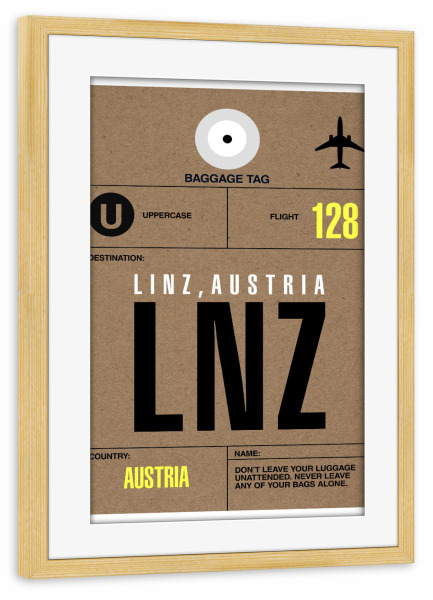 Poster mit Rahmen kiefer "Airport Linz" artboxONE - Städte,Typografie,Reise - Airport,Flughafen,Stadt,Flugzeug,Retro,Vintage,österreich,Linz,Vienna