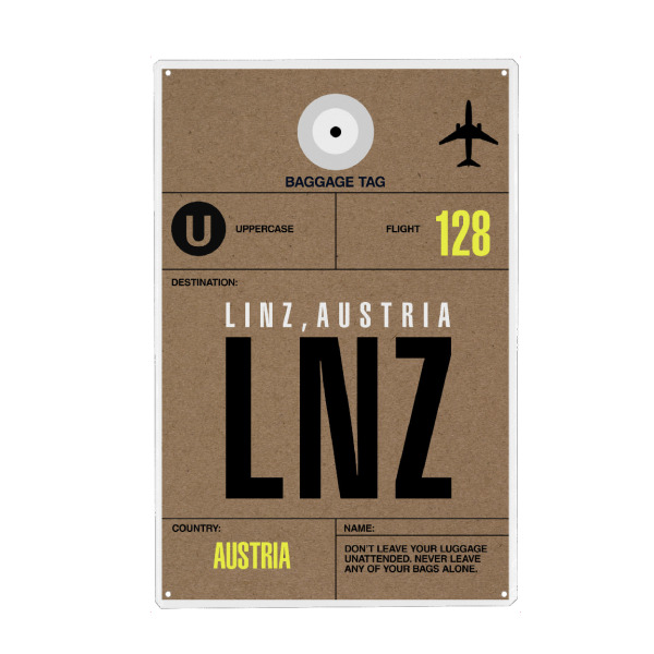 Holzbild "Airport Linz" artboxONE - Städte,Typografie,Reise - Airport,Flughafen,Stadt,Flugzeug,Retro,Vintage,österreich,Linz,Vienna