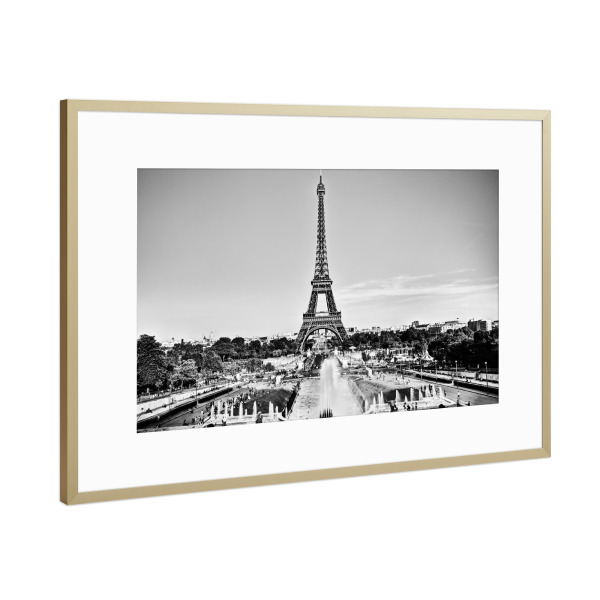 Poster mit Rahmen Gold "Eiffel Tower and fountain, Paris, France" artboxONE - Schwarzweiß,Städte / Paris
