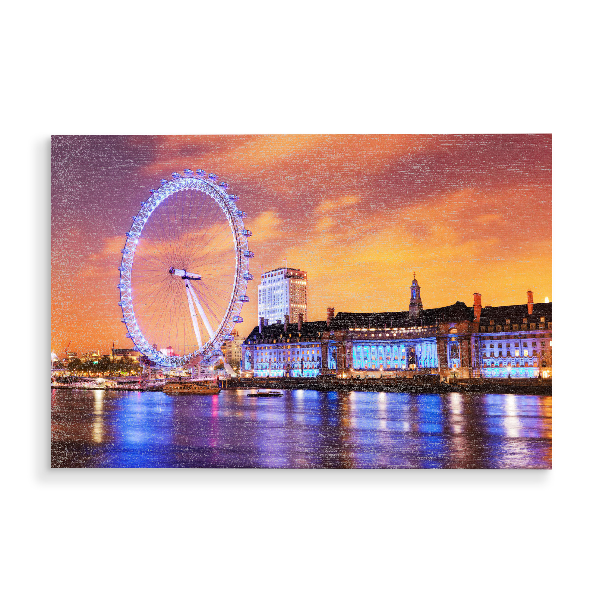 Holzbild "London, England the UK skyline in the evening, London Eye illuminated" artboxONE - Städte / London