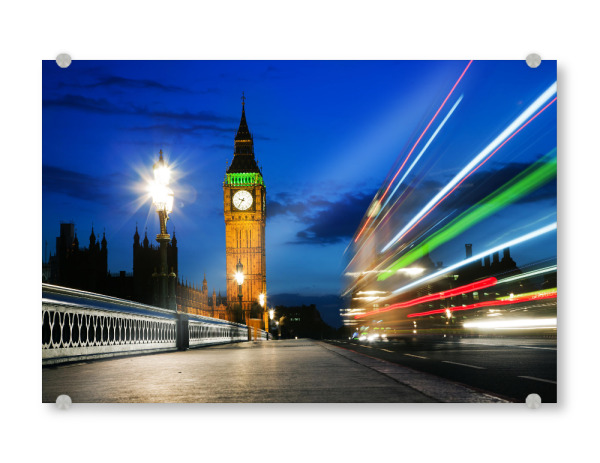 Acrylglasbild "London, the UK. Red bus in motion and Big Ben at night" artboxONE - Städte / London
