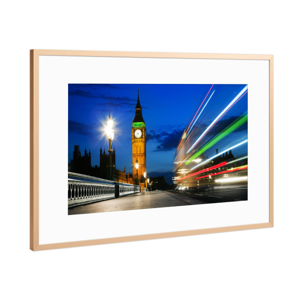 Poster mit Rahmen Kupfer "London, the UK. Red bus in motion and Big Ben at night" artboxONE - Städte / London