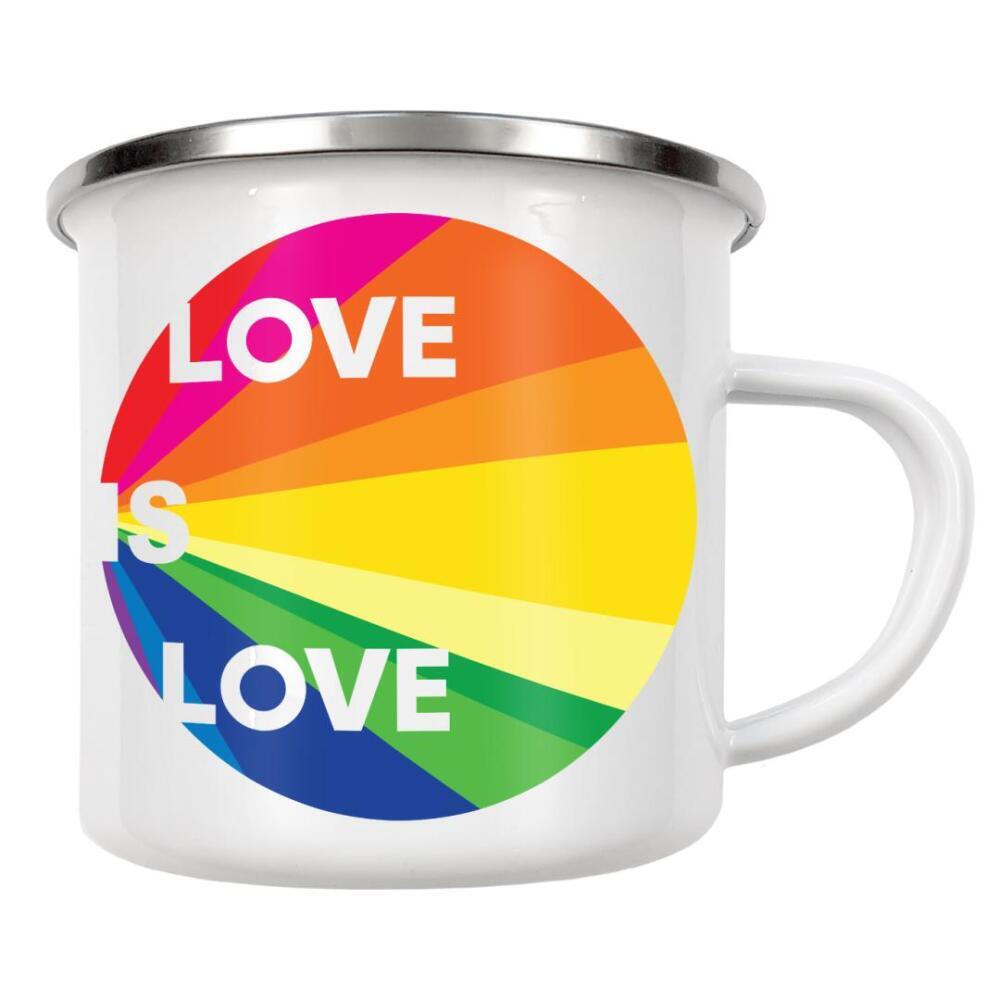 Emaille Tasse "Love is Love bunt" artboxONE - Menschen,Liebe - Pride,Love,Liebe,Diversität,Bunt,Typo,Typografie,Menschlich,Gleichheit