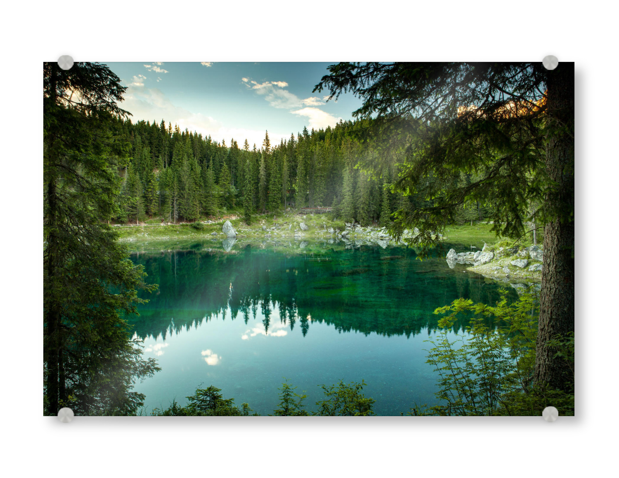 Acrylglasbild "Quite view" artboxONE - Natur - See,Carezza,Dolomiten,Bäume,Italien