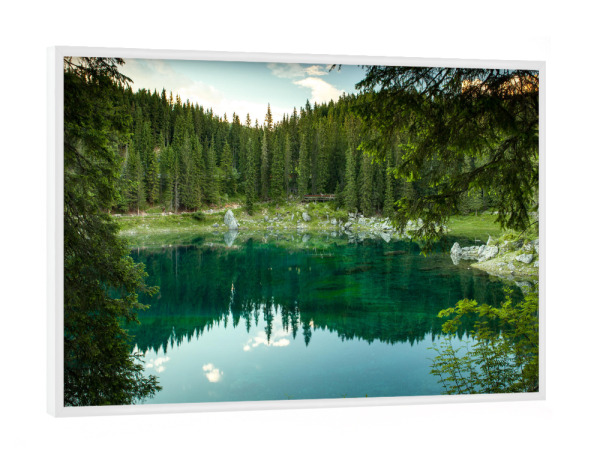 Poster mit weißem Rahmen "Quite view" artboxONE - Natur - See,Carezza,Dolomiten,Bäume,Italien