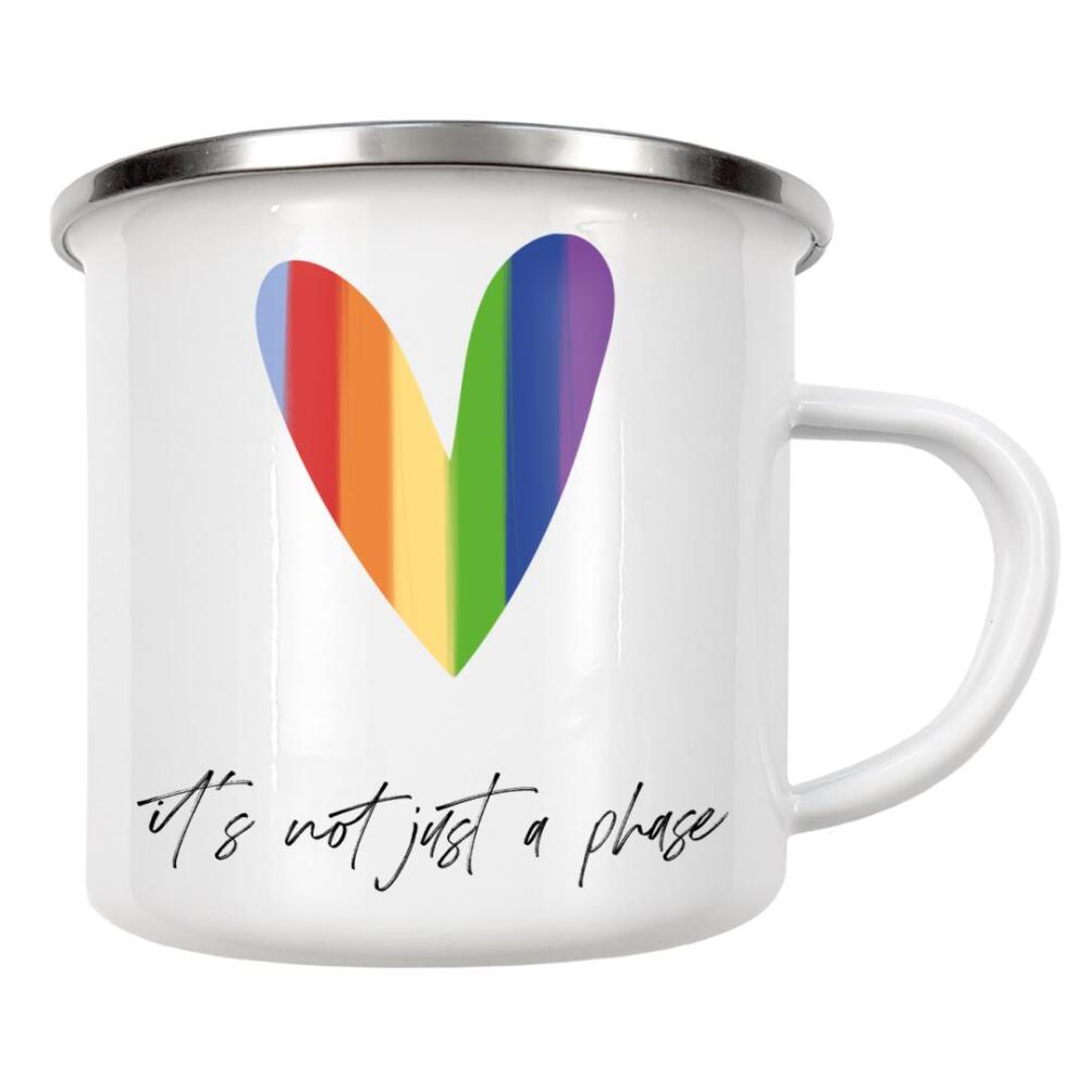 Emaille Tasse "It's not just a phase" artboxONE - Typografie,Menschen - Pride,Bunt,Herz,Gleichheit,Menschlichkeit,Akzeptanz,Liebe,Typo,Typografie