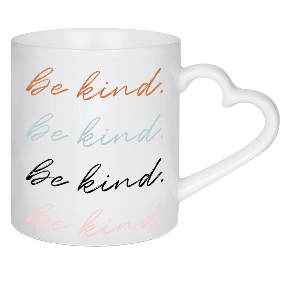 Herztasse "Be kind - bunt" artboxONE - Typografie,Für Kinder - Be kind,Sei,Nett,Freundlich,Bunt,Minimalistisch,Typo,Typografie,Kinder,Kinderzimmer