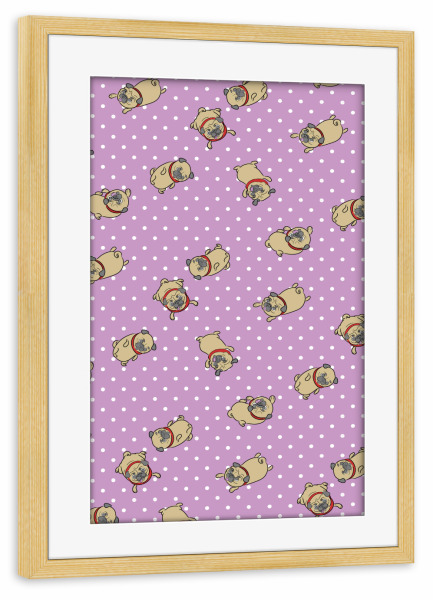 Poster mit Rahmen kiefer "Möpse im rosa Traumland" artboxONE - Tiere - Mops,Muster,Hund,Tiere,Puglove,Pugs,Hunde,Haustier,Punkte,Rockabilly,Polkadots