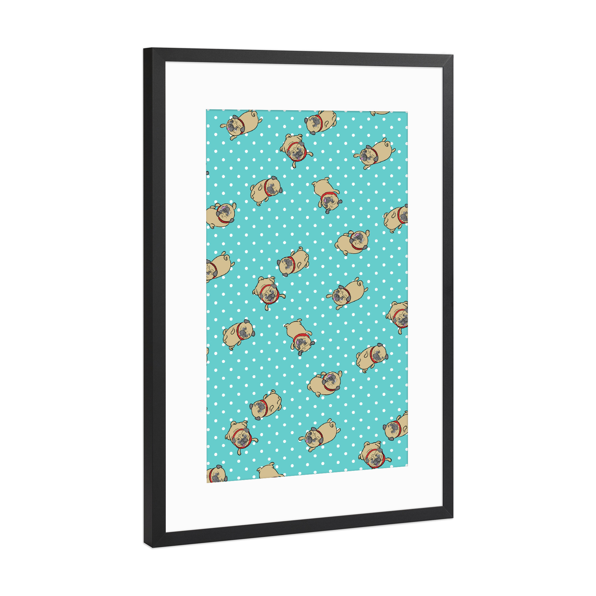 Poster mit Rahmen Schwarz (Metallic) "Möpse in Türkis" artboxONE - Tiere