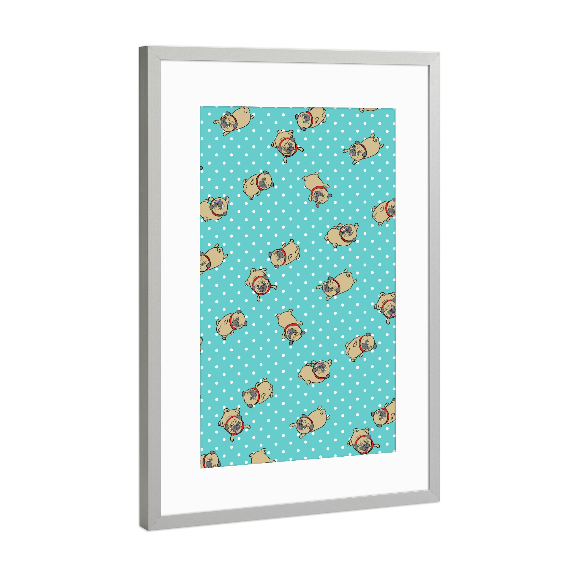 Poster mit Rahmen Silber "Möpse in Türkis" artboxONE - Tiere - Mops,Muster,Hund,Tiere,Puglove,Pugs,Hunde,Haustier,Punkte,Rockabilly,Polka dots