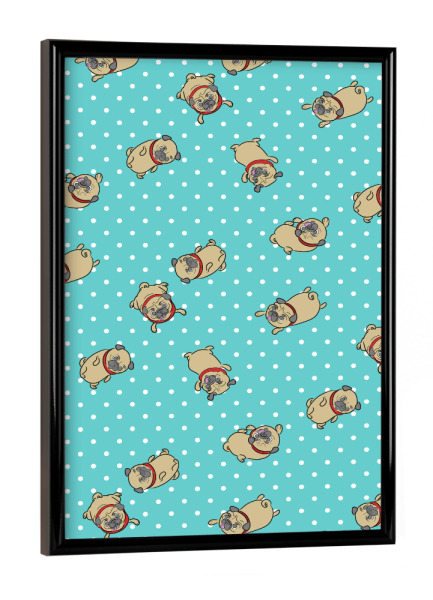 Poster mit schwarzem Rahmen "Möpse in Türkis" artboxONE - Tiere - Mops,Muster,Hund,Tiere,Puglove,Pugs,Hunde,Haustier,Punkte,Rockabilly,Polka dots