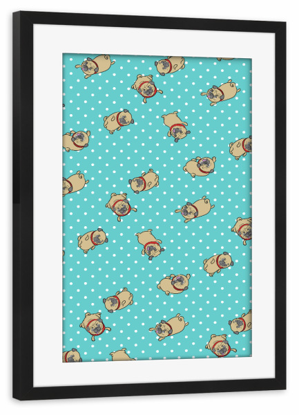 Poster mit Rahmen schwarz "Möpse in Türkis" artboxONE - Tiere - Mops,Muster,Hund,Tiere,Puglove,Pugs,Hunde,Haustier,Punkte,Rockabilly,Polka dots