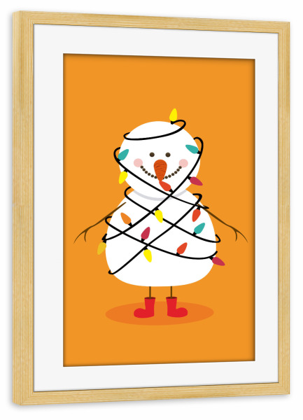 Poster mit Rahmen kiefer "Mr Snowman" artboxONE - Für Kinder,Weihnachten - Schneeman,Lichterkette,Weihnachtschmuck,Xmas,Möhre,Kinder