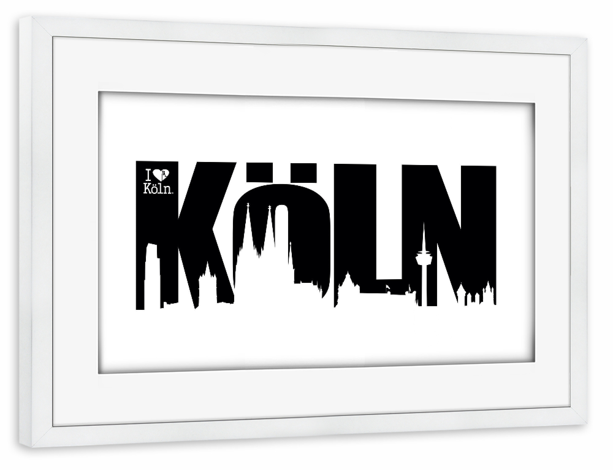 Poster mit Rahmen weiß "KÖLN SKYLINE SCHRIFTZUG 3" artboxONE - Städte / Köln,Schwarzweiß - Köln,Kölner dom,Skyline,Colonia,Cologne,Kölle,Kölnergram