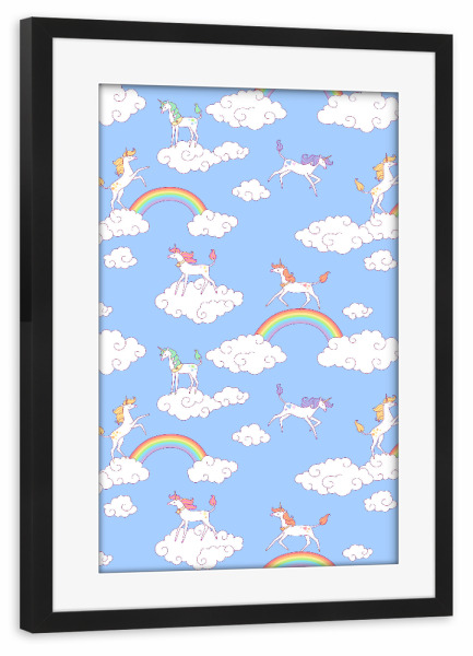 Poster mit Rahmen schwarz "Unicorn Clouds" artboxONE - Tiere,Fiktion - Einhorn,Regenbogen,Wolken,Himmel,Muster,Muster,Märchen,Zauber,Bunt
