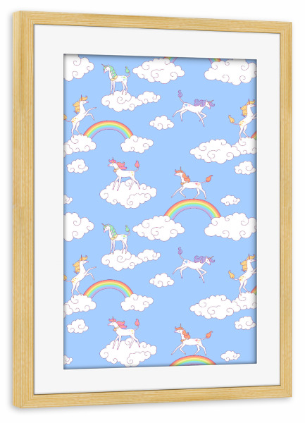 Poster mit Rahmen kiefer "Unicorn Clouds" artboxONE - Tiere,Fiktion - Einhorn,Regenbogen,Wolken,Himmel,Muster,Muster,Märchen,Zauber,Bunt
