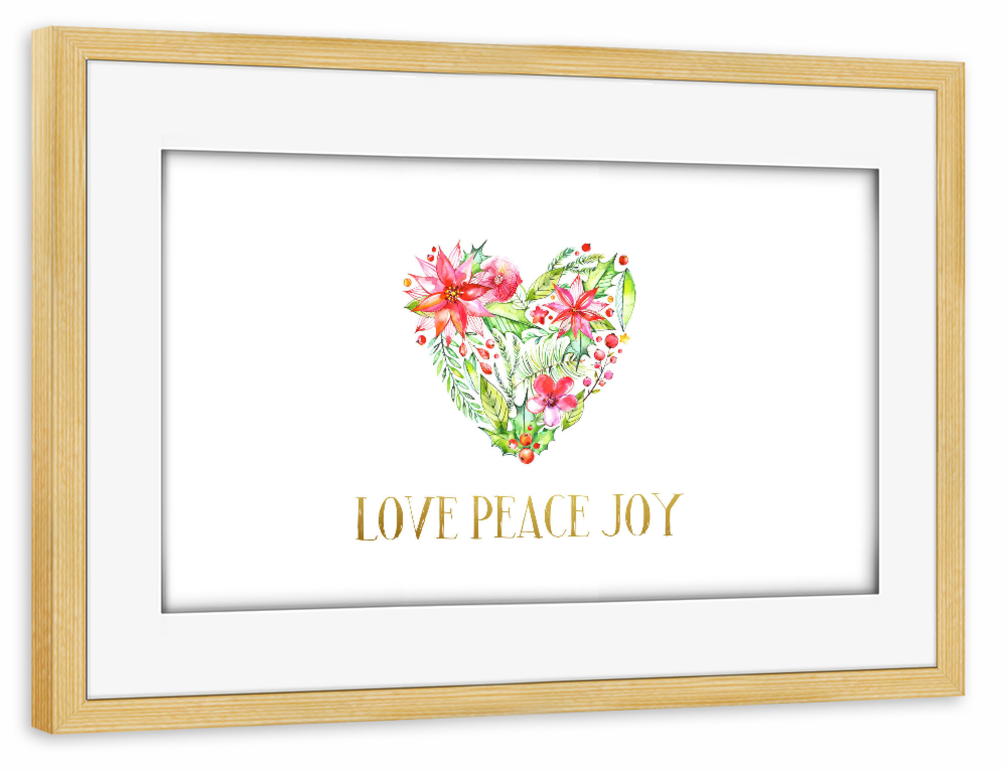 Poster mit Rahmen kiefer "Love Peace Joy" artboxONE - Weihnachten - Adverskalender,Blumenkranz,Herz,Liebe,Valentinstag