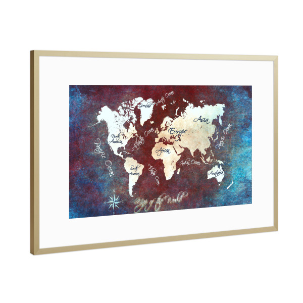 Poster mit Rahmen Gold "World map retro" artboxONE - Typografie,Kartografie