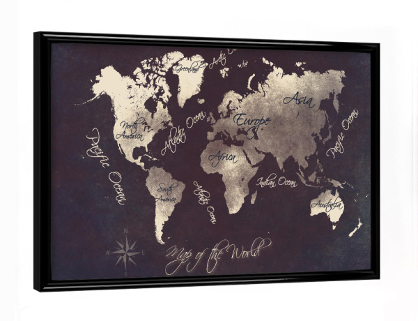 Poster mit schwarzem Rahmen "World map silver" artboxONE - Typografie,Abstrakt,Kartografie - Weltkarte,Welt,Karte,Map
