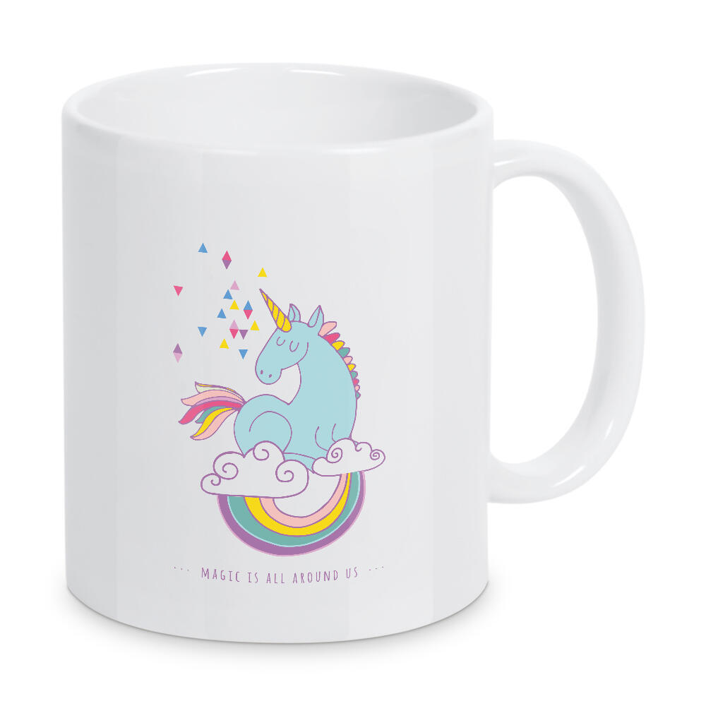 Tasse "Magic is around us" artboxONE - Tiere,Fiktion - Unicorn,Einhorn,Regenbogen,Wolken,Himmel,Muster,Pattern,Märchen,Zauber,Bunt
