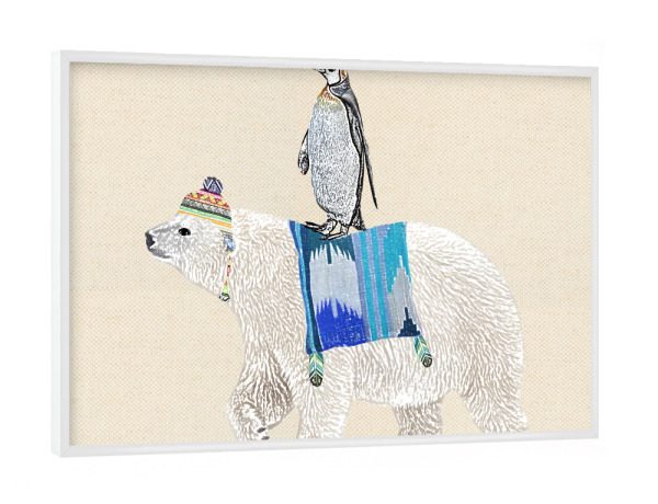 Poster mit weißem Rahmen "Eisbär mit Pinguin" artboxONE - Tiere - Eisbär,Pinguin,Süß,Vintage,Retro,Indianer,Mütze,Kinder,Kinderzimmer,Geschenk,Winter