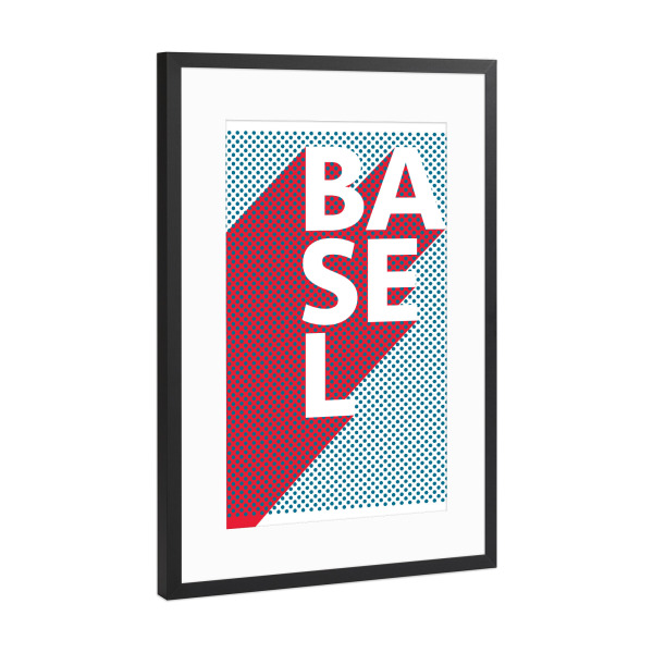 Poster mit Rahmen Schwarz (Metallic) "Basel Pop Art" artboxONE - Städte,Typografie,Reise,Abstrakt - Stadt,Popart,Retro,City,Basel,Schweiz,Bayer