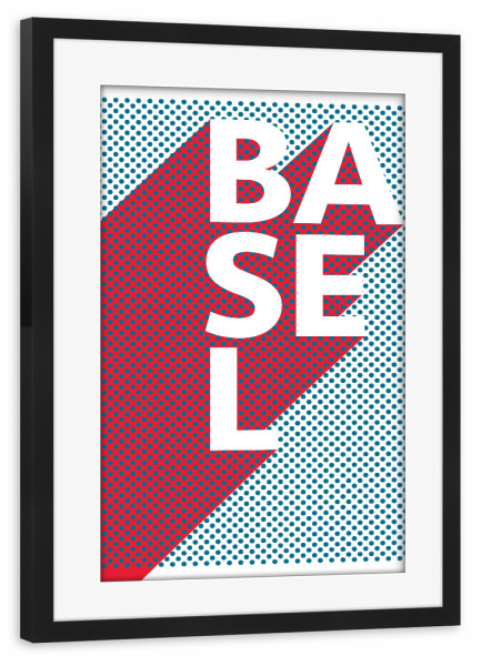 Poster mit Rahmen schwarz "Basel Pop Art" artboxONE - Städte,Typografie,Reise,Abstrakt - Stadt,Popart,Retro,City,Basel,Schweiz,Bayer
