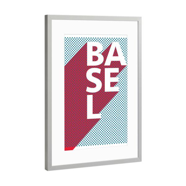 Poster mit Rahmen Silber "Basel Pop Art" artboxONE - Städte,Typografie,Reise,Abstrakt - Stadt,Popart,Retro,City,Basel,Schweiz,Bayer