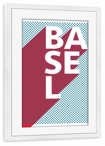 Poster mit Rahmen weiß "Basel Pop Art" artboxONE - Städte,Typografie,Reise,Abstrakt - Stadt,Popart,Retro,City,Basel,Schweiz,Bayer