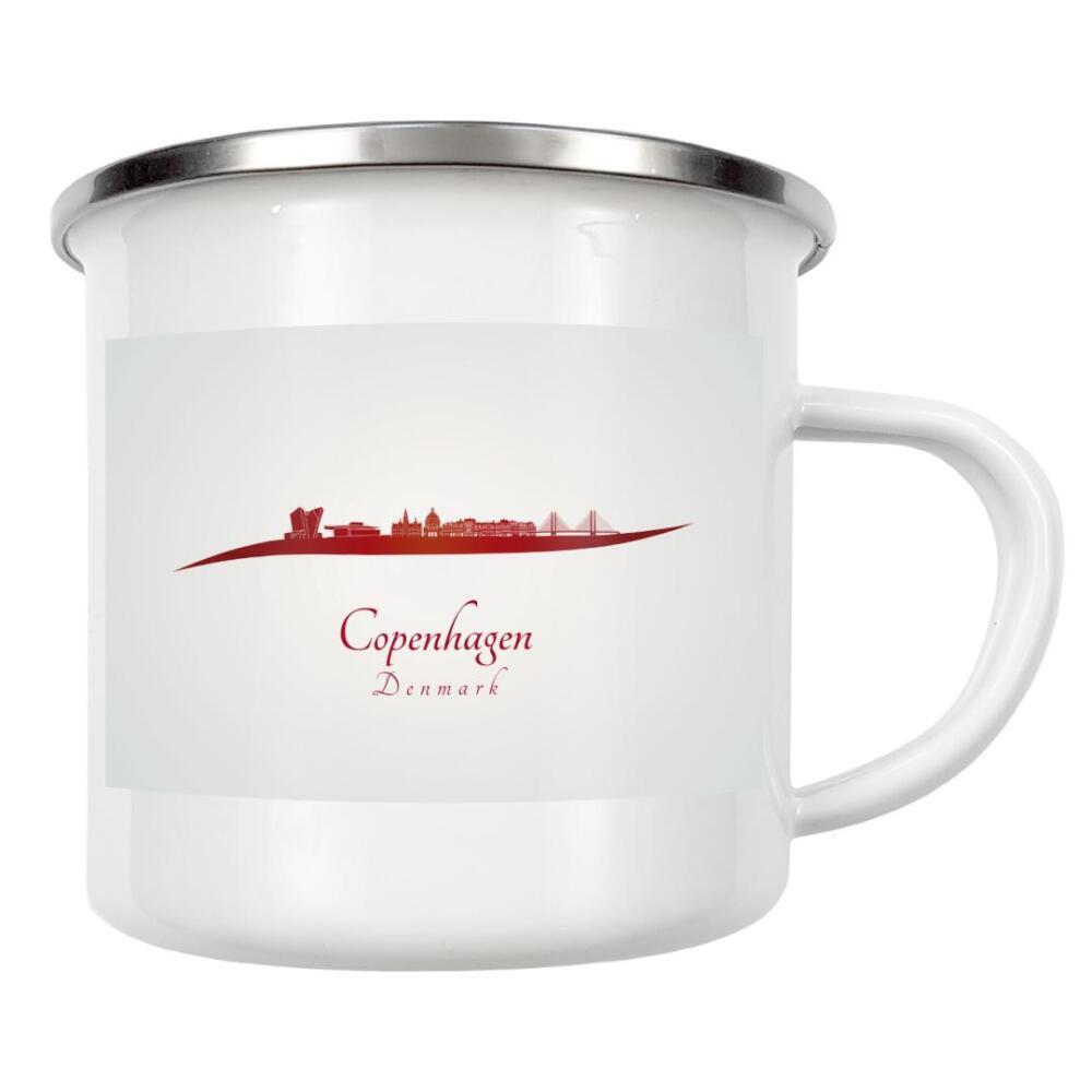 Emaille Tasse "Kopenhagener Skyline in Rot" artboxONE - Städte,Architektur - Stadt,Skyline,Denkmäler,Aquarell,Tourismus,Reise,Speicher,Bunt,Rote farbe