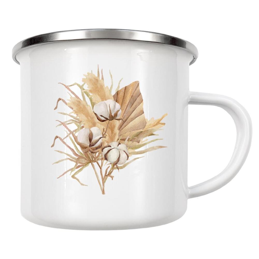 Emaille Tasse "Boho Baumwollblumen" artboxONE - Floral - Baumwolle,Blume,Blumen,Blumenstrauß,Aquarell,Kunst,Hochzeit,Boho