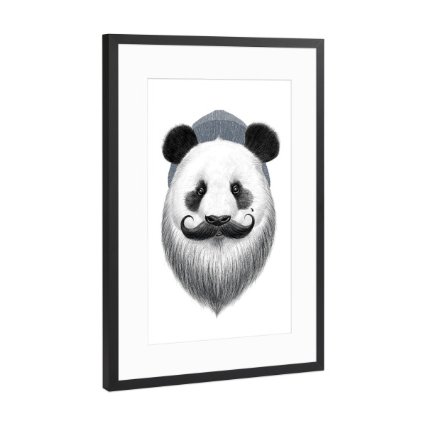 Poster mit Rahmen Schwarz (Metallic) "Bearded panda" artboxONE - Tiere,Schwarzweiß,Fashion,Festivals - Panda,Beard,Mustache,Animal,Digital art