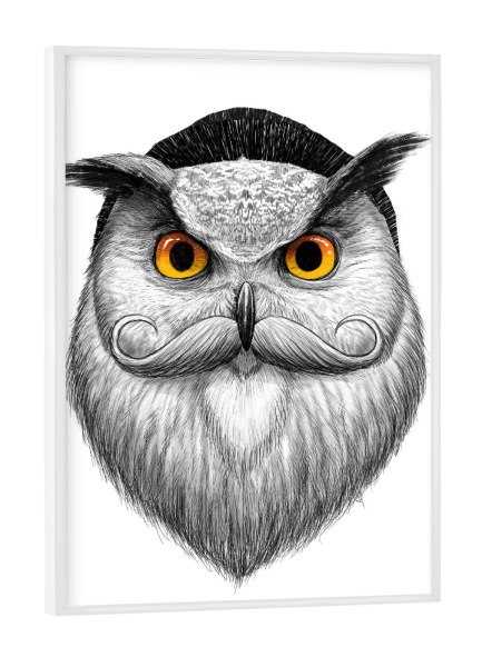 Poster mit weißem Rahmen "Bearded owl" artboxONE - Tiere,Schwarzweiß,Fashion,Festivals