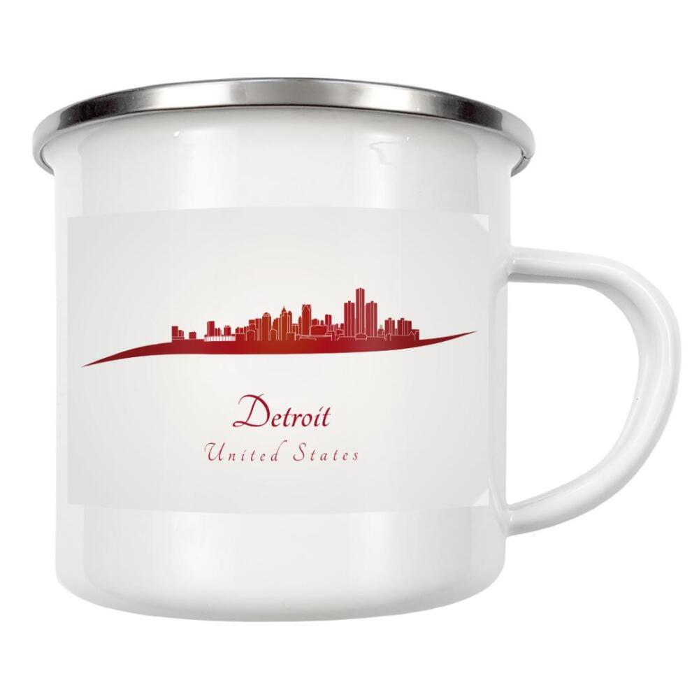 Emaille Tasse "Skyline von Detroit in Rot" artboxONE - Städte,Architektur - Stadt,Skyline,Denkmäler,Aquarell,Tourismus,Reise,Pastellfarbe