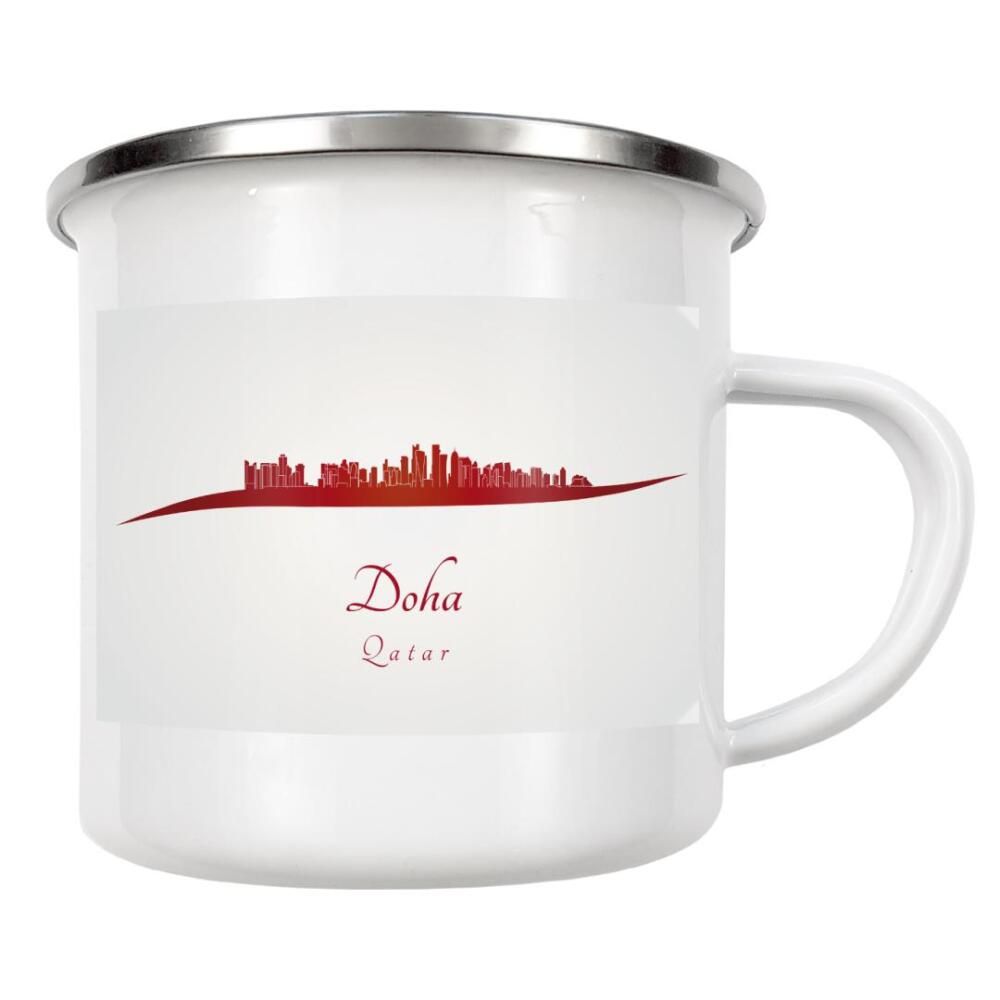 Emaille Tasse "Doha-Skyline in Rot" artboxONE - Städte,Architektur - Stadt,Skyline,Denkmäler,Aquarell,Tourismus,Reise,Pastellfarbe,Geschenk