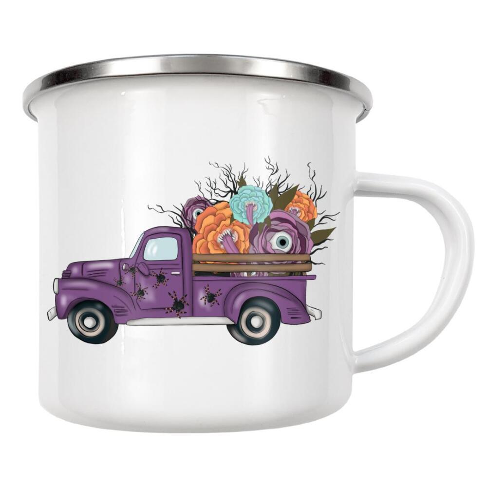 Emaille Tasse "Lila LKW | Halloween-Blumen" artboxONE - Floral,Automobile,Festivals,Halloween,Lustig