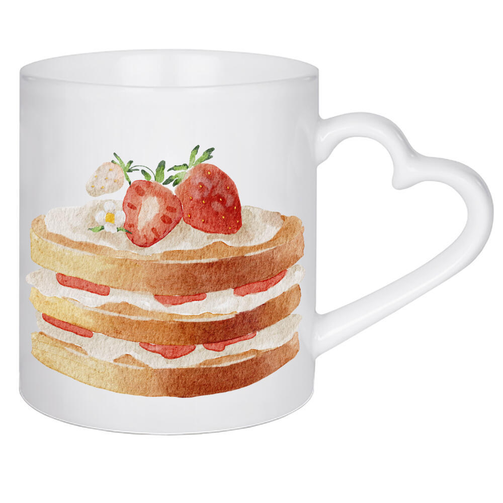 Herztasse "Kuchen mit Erdbeeren" artboxONE - Essen & Trinken - Erdbeere,Kuchen,Essen,Dessert,Süß,Erdbeerkuchen,Kunst,Obst,Aquarell
