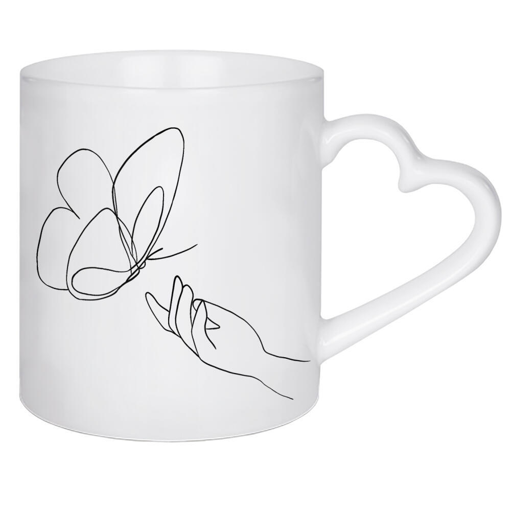 Herztasse "Schmetterling im Anflug" artboxONE - Tiere,Abstrakt,Menschen - Schmetterling,Hand,Oneline,Lineart,Minimalismus,Beige,Boho