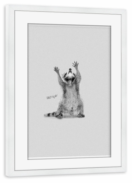 Poster mit Rahmen weiß "Hallelujah!" artboxONE - Für Kinder,Tiere,Schwarzweiß - Waschbär,Halleluja,Grau