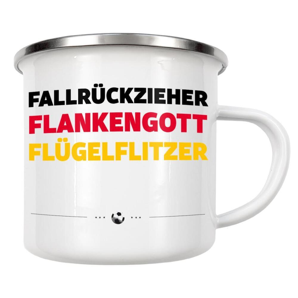 Emaille Tasse "Fallrückzieher" artboxONE - Typografie,Sport / Fußball - Fussball,Flankengott,Flügelflitzer,Flanke,Aus,Mannschaft,Soccer,Em,Uefa